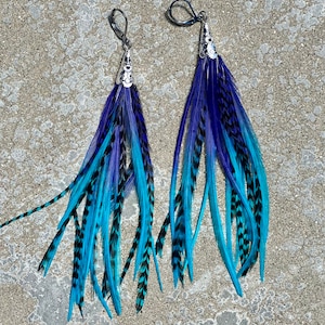 Short Length Purple Turquoise Fade Feather Earrings