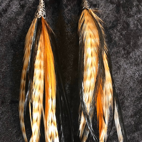 Short Length Natural barred Ginger Black Grizzly Feather Earrings