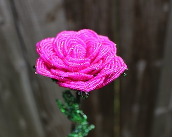 French Beaded Long Stem Pink Rose Forever  Flower Valentines Day