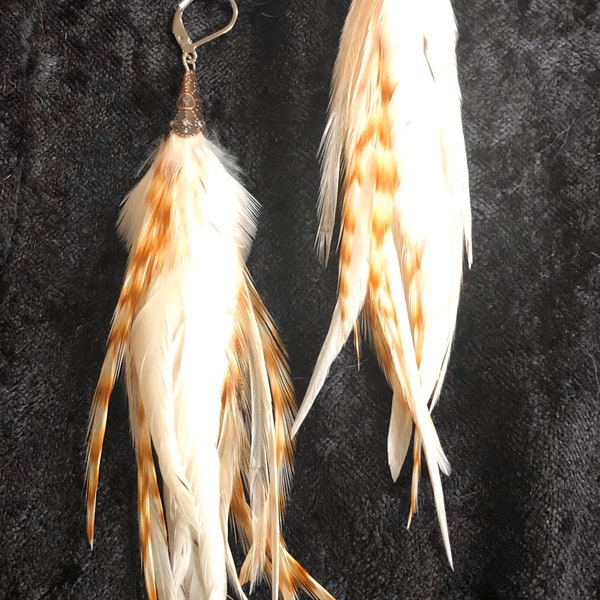 Short Length Natural fluffy full Barred Ginger White Grizzly Feather Earrings