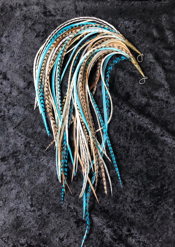 Extra Long Length! Turquoise & Natural Grizzly Feather  display picture 2