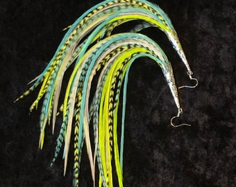 Turquoise & Lime Feather Earrings
