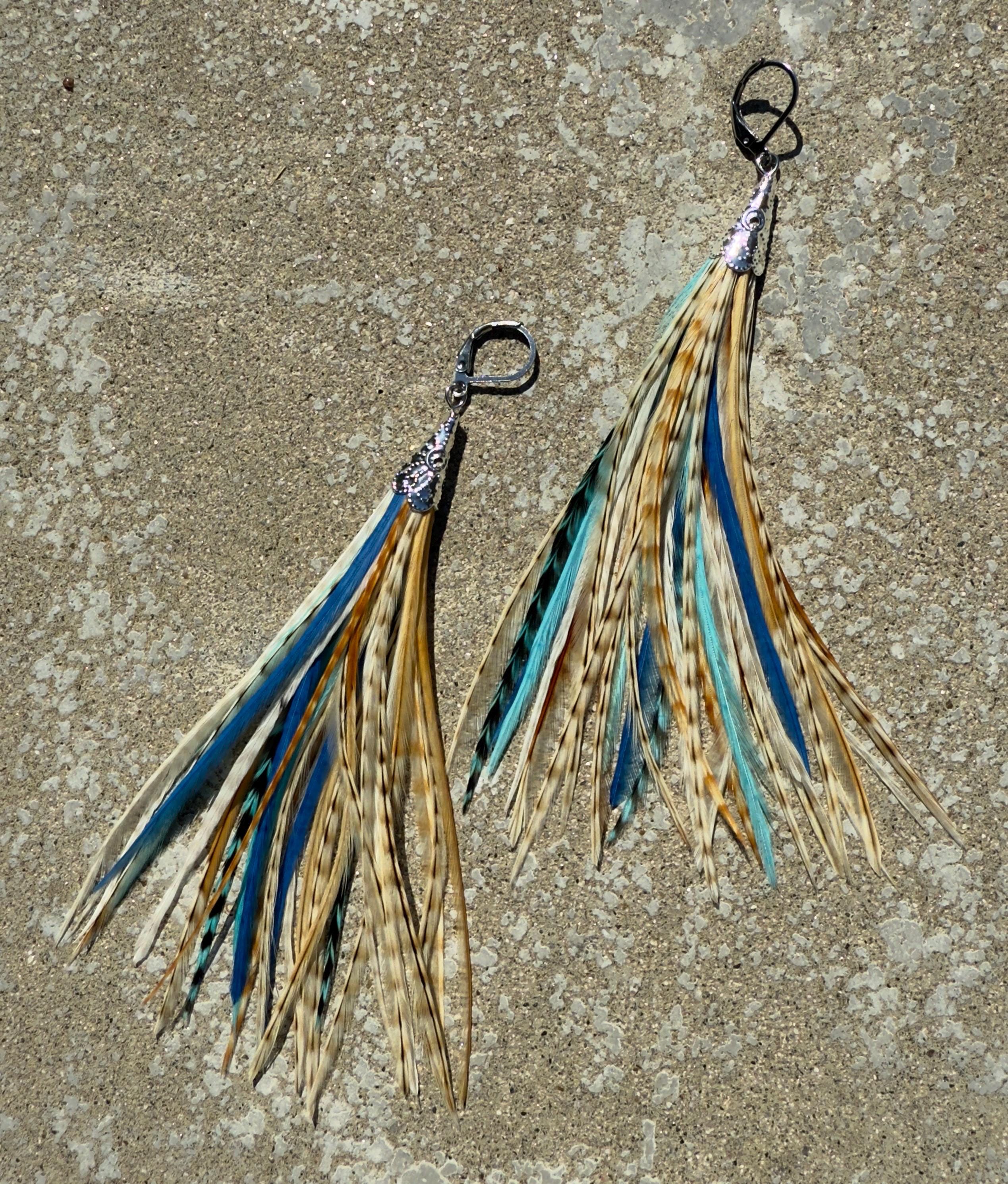 Short Length Natural Feather Earrings with Turquoise & Blue