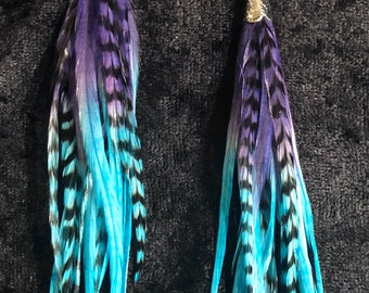 Short Length Purple Turquoise Fade Feather Earrings