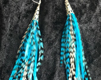 Short Length White Turquoise Grizzly Feather Earrings