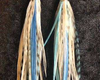 Short Length Natural Feather Earrings with Turquoise & Blue