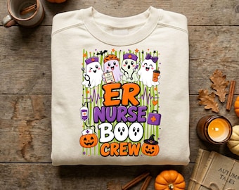 ER Nurse Boo Crew PNG Halloween Medical Shirt Design Preppy Pumpkin Ghost Sublimation