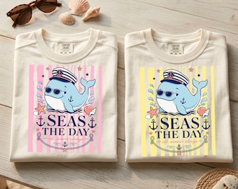 Seas The Day Beach Whale PNG, Preppy Coastal Summer Stripes Sublimation Design Bundle