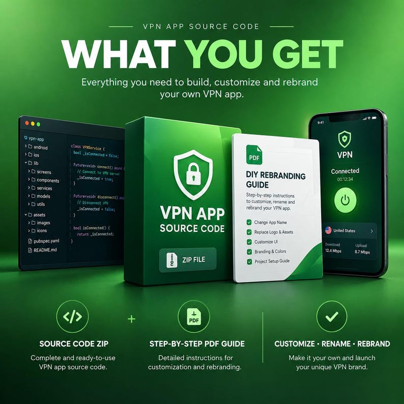 May include: A digital product package for VPN app source code, featuring a code editor window, a green box labeled VPN APP SOURCE CODE, a DIY REBRANDING GUIDE PDF, and a smartphone displaying a connected VPN interface with a shield icon.
