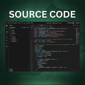 May include: A dark-themed code editor interface displaying a file explorer on the left and TypeScript source code on the right. The text SOURCE CODE appears in large white letters above the editor window, which shows imports and a function.