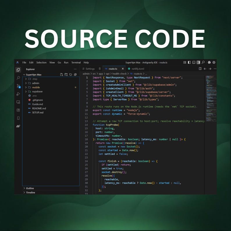 May include: A dark-themed code editor interface displaying a file explorer on the left and TypeScript source code on the right. The text SOURCE CODE appears in large white letters above the editor window, which shows imports and a function.