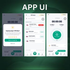 May include: Three mobile application interface screens for Super VPN Max. The screens display a rating pop-up, a server selection list with country flags, and a main connection dashboard with a large green power button and connection status.