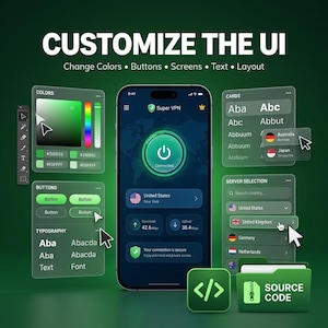 May include: A smartphone displaying a Super VPN interface surrounded by floating UI customization panels. The panels show color pickers, button styles, typography options, and server selection menus with flags. A green folder icon labeled SOURCE CODE.