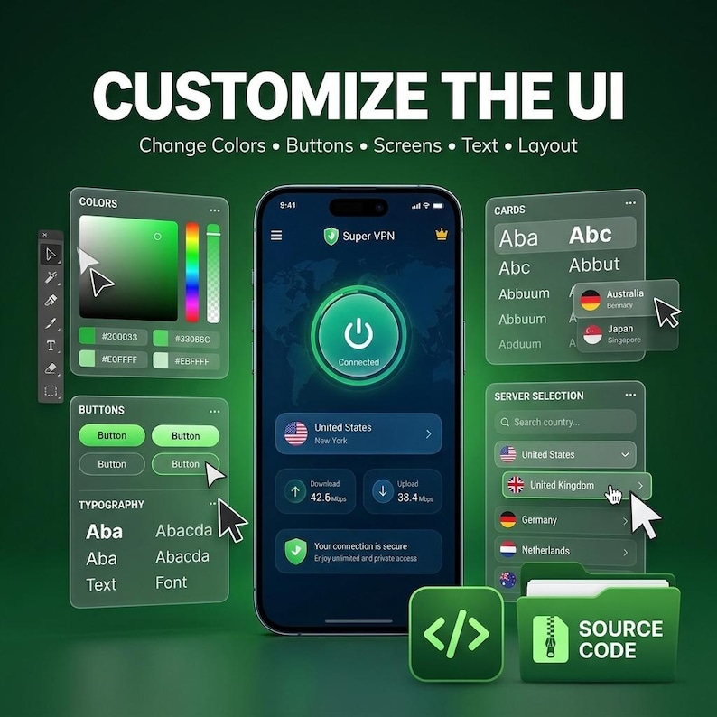 May include: A smartphone displaying a Super VPN interface surrounded by floating UI customization panels. The panels show color pickers, button styles, typography options, and server selection menus with flags. A green folder icon labeled SOURCE CODE.
