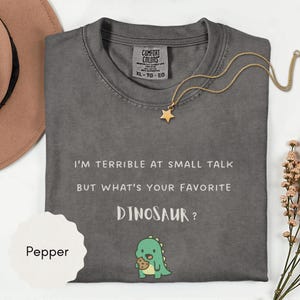 May include: A charcoal gray t-shirt with the text I'M TERRIBLE AT SMALL TALK BUT WHAT'S YOUR FAVORITE DINOSAUR? printed in white, featuring a small green cartoon dinosaur holding a cookie below the text and a Comfort Colors brand label.