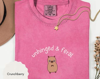 May include: A pink Comfort Colors t-shirt with the words "unhinged & feral" and a cartoon animal graphic. A gold star pendant necklace and a brown hat are also visible. The shirt is size XL-TG-EG.