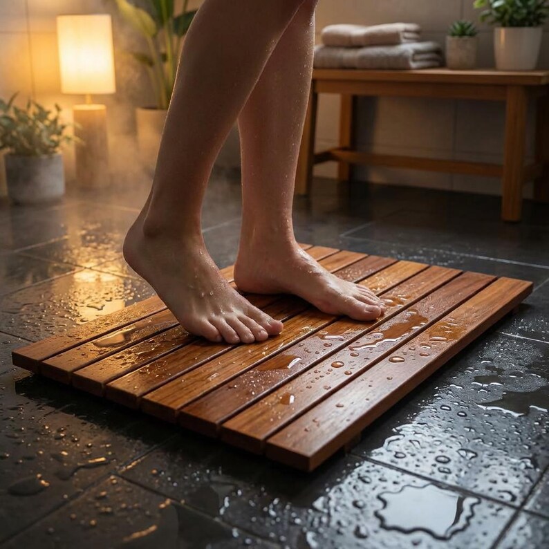 Slatted Mat Wooden Shower Mat, Teak Bathroom Floor Mat, Non Slip Bath Rug ...