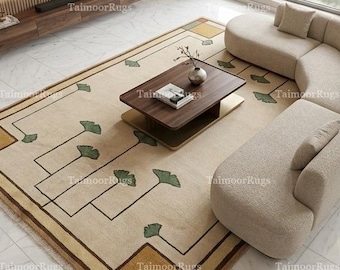 Hand Knotted Art Deco Wool Rug, Botanical Area Rug, Green Beige Handmade Carpet, Vintage Inspired Living Room Rug