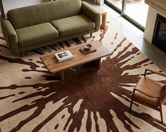 Abstrakter Wollteppich, modern, braun-beige, getuftet, Wohnzimmerteppich mit Spritzmuster, Hochflorteppich mit geschnitzten Details, Teppich in Sondergröße