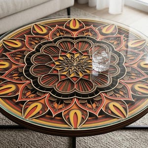 Op de afbeelding: Ronde salontafel met een gelaagd houten mandala-ontwerp in bruin-, oranje- en geeltinten. De tafel heeft een helder glazen blad en een zwart metalen frame. Een glas water staat op de tafel.