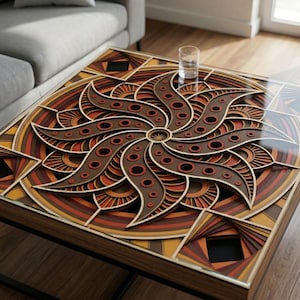 Op de afbeelding: Een vierkante salontafel met een gelaagd houten ontwerp. De tafel heeft een geometrisch patroon met tinten bruin, oranje en geel. De bovenkant is bedekt met helder glas en de poten zijn van zwart metaal.