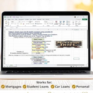 May include: A laptop screen shows a spreadsheet with financial calculations, including mortgage details and interest rates. The text on the screen includes "Mortgage Duel" and "Works for: Mortgages, Student Loans, Car Loans, Personal".