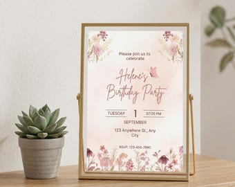 Editable Canva Butterfly 1st Birthday Invitation | Pink Floral Garden Party (Digital Download)