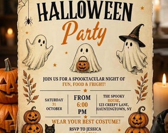 Bearbeitbare Einladung zur Halloween-Kostümparty | Druckbare gruselige Herbst-Einladung | Digitale Einladung im Vintage-Stil mit Spukhaus-Motiv
