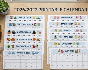 Editable Kids Calendar 2026-2027, Printable Monthly Calendar PDF, Cute Homeschool Planner for Kids, August 2026 to July 2027 Calendar