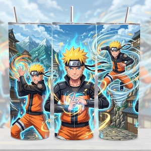 May include: A stainless steel tumbler featuring a vibrant anime-style illustration of a character in an orange and black outfit, surrounded by blue energy effects. The design includes a mountain and village backdrop.