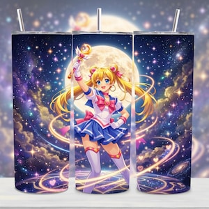 Anime Girl Warrior Tumbler Wrap PNG | Celestial Night Sky Sparkle Design (Digital Download)