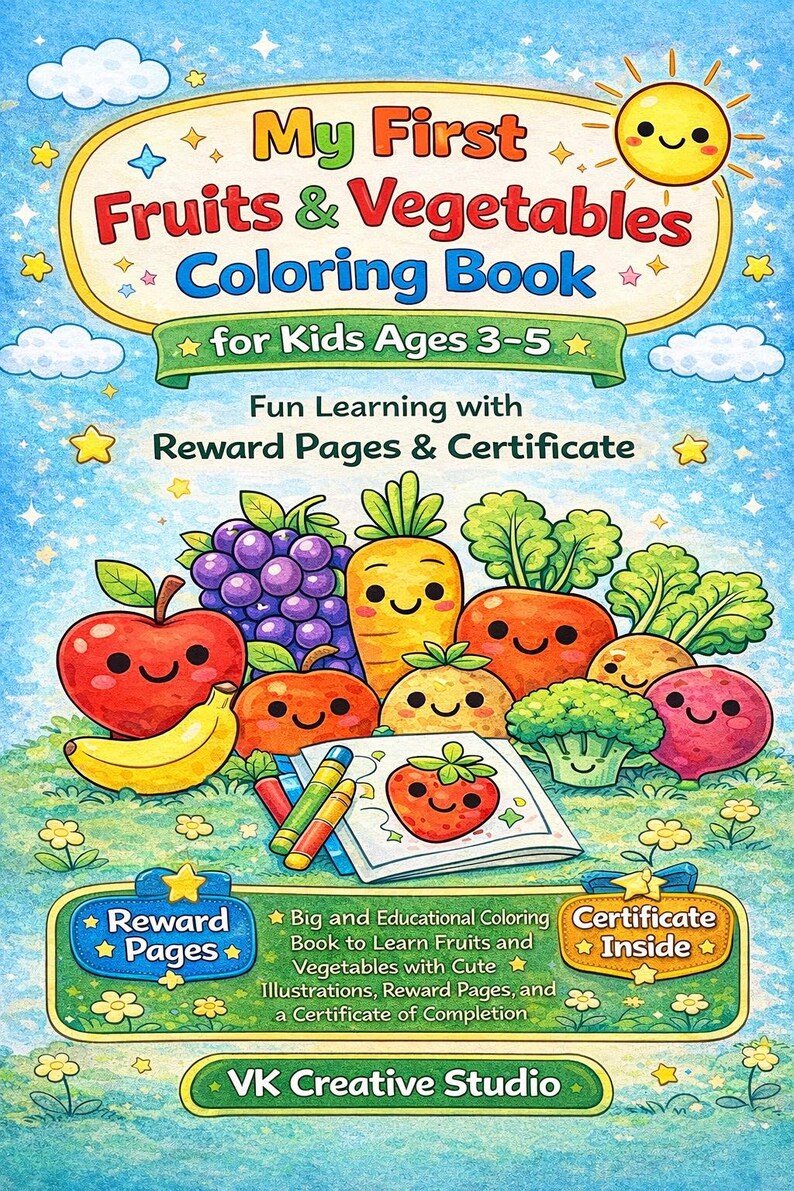 Fruits Vegetables Coloring Book for Kids Ages 3-5, 65 Pages (PDF ...
