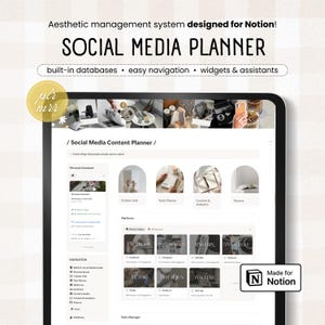 May include: Aesthetic social media planner for Notion, displayed on a tablet. The screen shows a content planner with sections for Facebook, Instagram, LinkedIn, Pinterest, TikTok, Twitter, and YouTube. Text includes "Social Media Planner" and "Made for Notion."