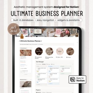Op de afbeelding: Een digitale tablet met de "ULTIMATE BUSINESS PLANNER" interface, ontworpen voor Notion. Het scherm toont secties zoals "Daily Agenda", "Foundation & Branding" en "Clients". De tekst "Made for Notion" is zichtbaar.