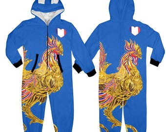 Kids France Blue Jumpsuit | Coq Gaulois Zip Suit | French rooster Outfit | France Fan Gift | French Flag Heart Cozy Sleepwear
