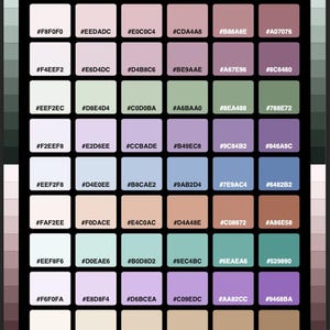 May include: A colour palette chart titled DUSTY PASTELS HEX COLORS featuring an 8x6 grid of square swatches. Each square displays a unique pastel shade with its corresponding six-character alphanumeric hex code printed in black text inside.