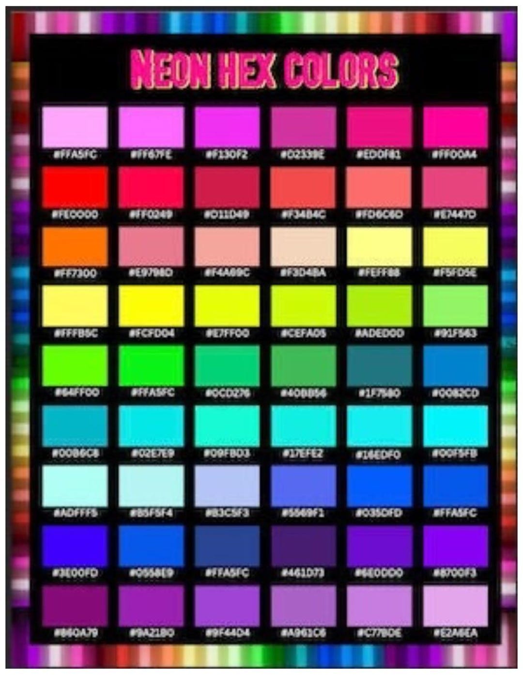 Neon HEX Color Chart Printable | Color Reference Poster | Neon Color ...