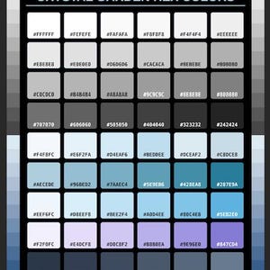 Peut inclure: Un nuancier intitulé CRYSTAL GARDEN HEX COLORS, présentant une grille de 48 carrés de couleur. Chaque carré affiche un code hexadécimal unique allant des tons blancs et gris aux diverses nuances de bleu, bleu clair et violet doux.