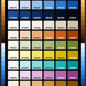 May include: A colour palette chart titled MEDITERRANEAN & SANTORINI HEX COLORS, featuring a grid of 48 rectangular swatches. Each swatch displays a unique colour and its corresponding six-character hexadecimal code, organised in rows and columns.