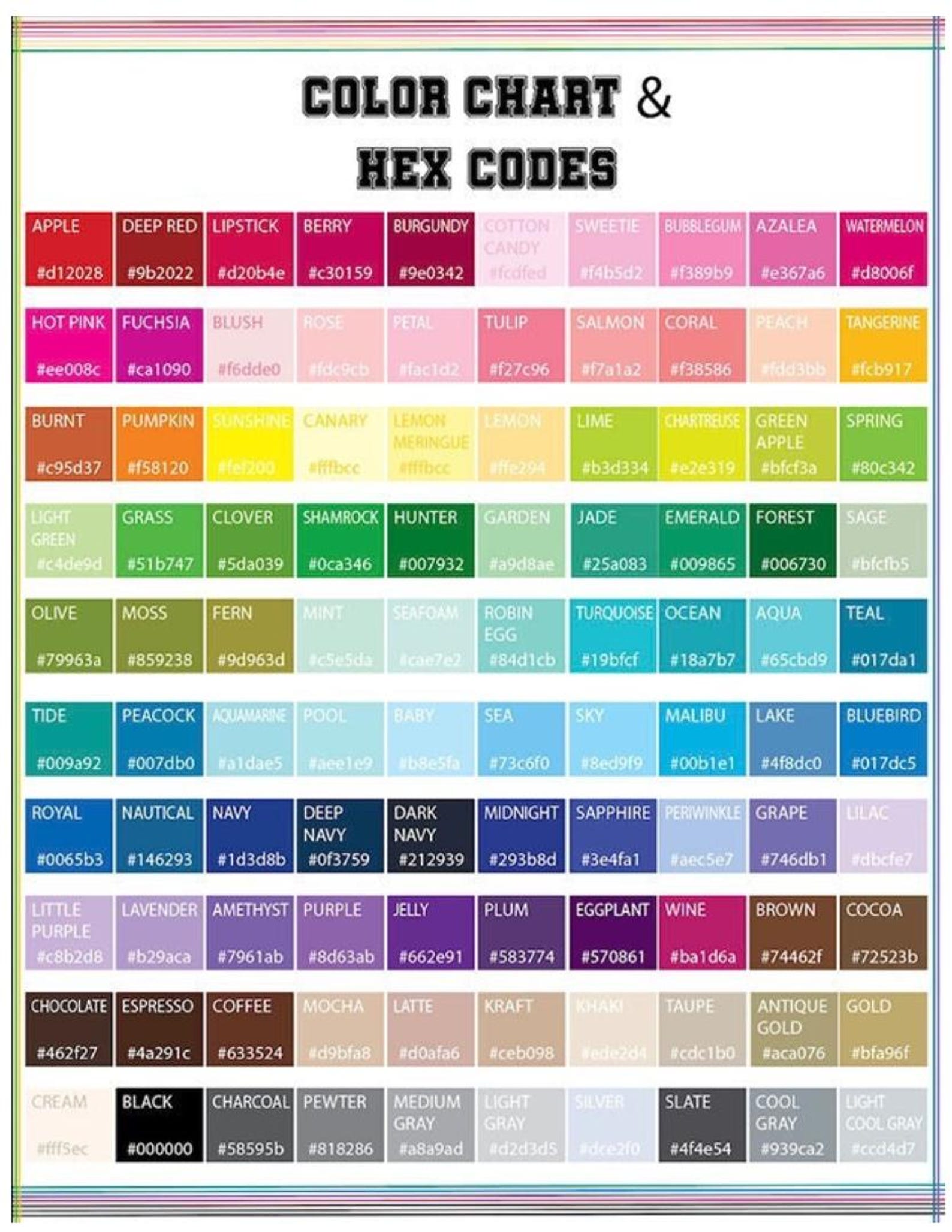 Color Chart With HEX Codes Printable | Graphic Designer Cheat Sheet ...