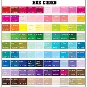 Può includere: Una tabella dei colori intitolata "COLOR CHART & HEX CODES" presenta una griglia di campioni di colore con i relativi codici esadecimali. La tabella include un'ampia gamma di colori, dai rossi e blu vivaci alle tonalità neutre.