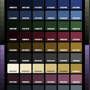 Peut inclure: Un nuancier intitulé MIDNIGHT & DARK ACADEMIA HEX COLORS, présentant une grille de 48 échantillons rectangulaires organisés en huit rangées et six colonnes. Chaque échantillon affiche une couleur unique et son code hexadécimal associé.