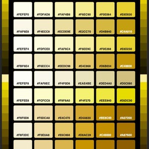 Può includere: Una tabella di colori intitolata BUTTER YELLOW HEX COLORS che presenta una griglia di quarantotto campioni quadrati in varie tonalità di giallo, dal crema pallido al marrone dorato scuro, ciascuno etichettato con il relativo codice esadecimale.