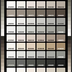 Op de afbeelding: Een kleurenpalet met de titel GREIGE & STONE HEX COLORS met een raster van achtenveertig vierkante stalen. Elk vierkant toont een unieke neutrale tint, variërend van gebroken wit tot donkergrijs, met de bijbehorende hex-code erin gedrukt.