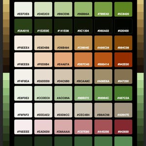 Può includere: Una tavolozza di colori intitolata WOODLAND FOREST HEX COLORS che presenta una griglia di quarantotto campioni quadrati. Ogni quadrato mostra una tonalità unica di verde, marrone o neutro con il relativo codice esadecimale a sei caratteri.