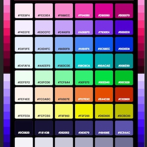 Puede incluir: Una tabla de paleta de colores titulada RETRO & 80s HEX COLORS, que presenta una cuadrícula de 48 muestras de color distintas dispuestas en seis columnas y ocho filas. Cada cuadrado contiene un código de color hexadecimal específico, que va desde pasteles claros hasta vibrantes rosas, azules, verdes, amarillos neón y tonos oscuros profundos.