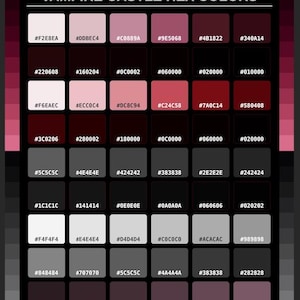 Könnte beinhalten: Eine Farbpalette mit dem Titel VAMPIRE CASTLE HEX COLORS, die ein Raster aus zweiundvierzig rechteckigen Farbfeldern zeigt. Jedes Feld enthält einen eindeutigen hexadezimalen Farbcode, der von hellen Rosatönen und tiefem Rot bis zu Grau und Schwarz reicht.