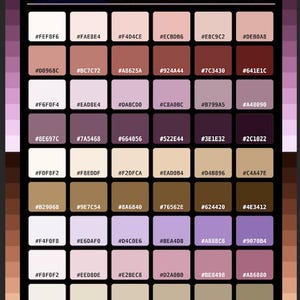 Può includere: Una tabella di tavolozza colori intitolata ROMANTIC EDITORIAL HEX COLORS, che presenta una griglia di quarantotto campioni quadrati disposti in otto righe e sei colonne. Ogni quadrato mostra un codice colore unico, che spazia dai rosa e viola chiari ai marroni profondi.