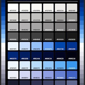 Könnte beinhalten: Eine Farbpalette mit dem Titel FASHION BRIDE HEX COLORS, die ein Raster aus achtundvierzig Quadraten zeigt. Jedes Quadrat enthält einen eindeutigen Hex-Code, der von Weiß und verschiedenen Grautönen bis hin zu Marineblau und Hellblau reicht.