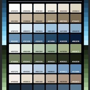 Può includere: Una tabella di tavolozza colori intitolata LAKE COMO LUXURY HEX COLORS, che presenta una griglia di quarantotto campioni rettangolari. Ogni campione mostra un codice colore unico, che spazia dai bianchi sporchi e beige chiari ai blu e verdi profondi.